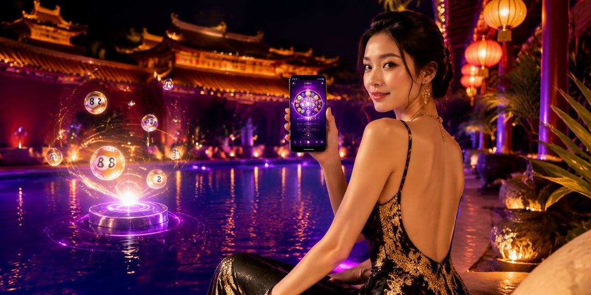 Màn hình xổ số neon về đêm tại Huế, người dùng tra kết quả trên điện thoại